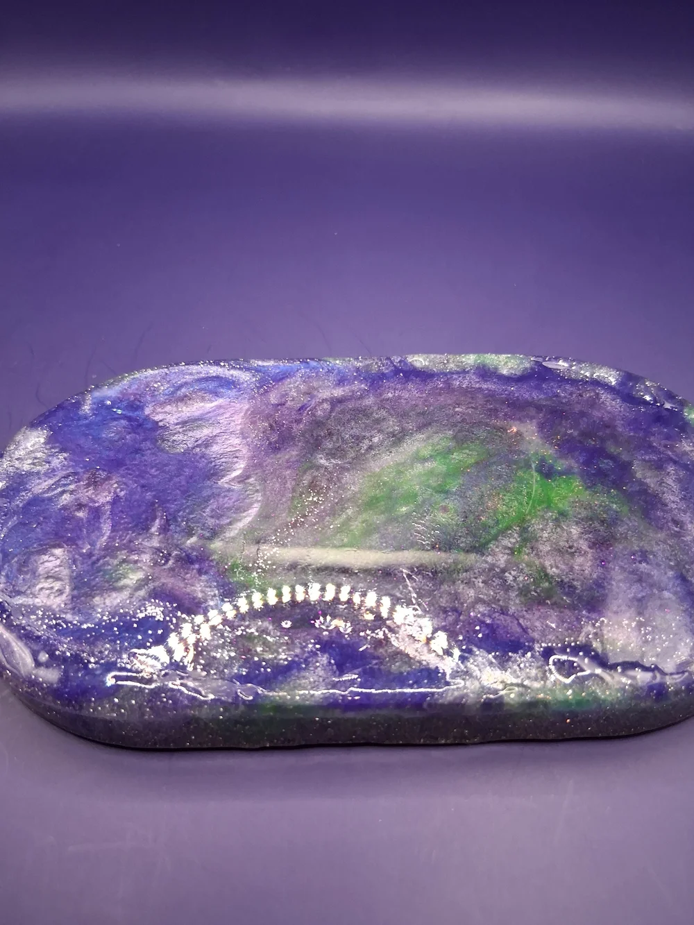Handmade Resin Trinket Tray with Gold Flower Accents - Green & Purple
